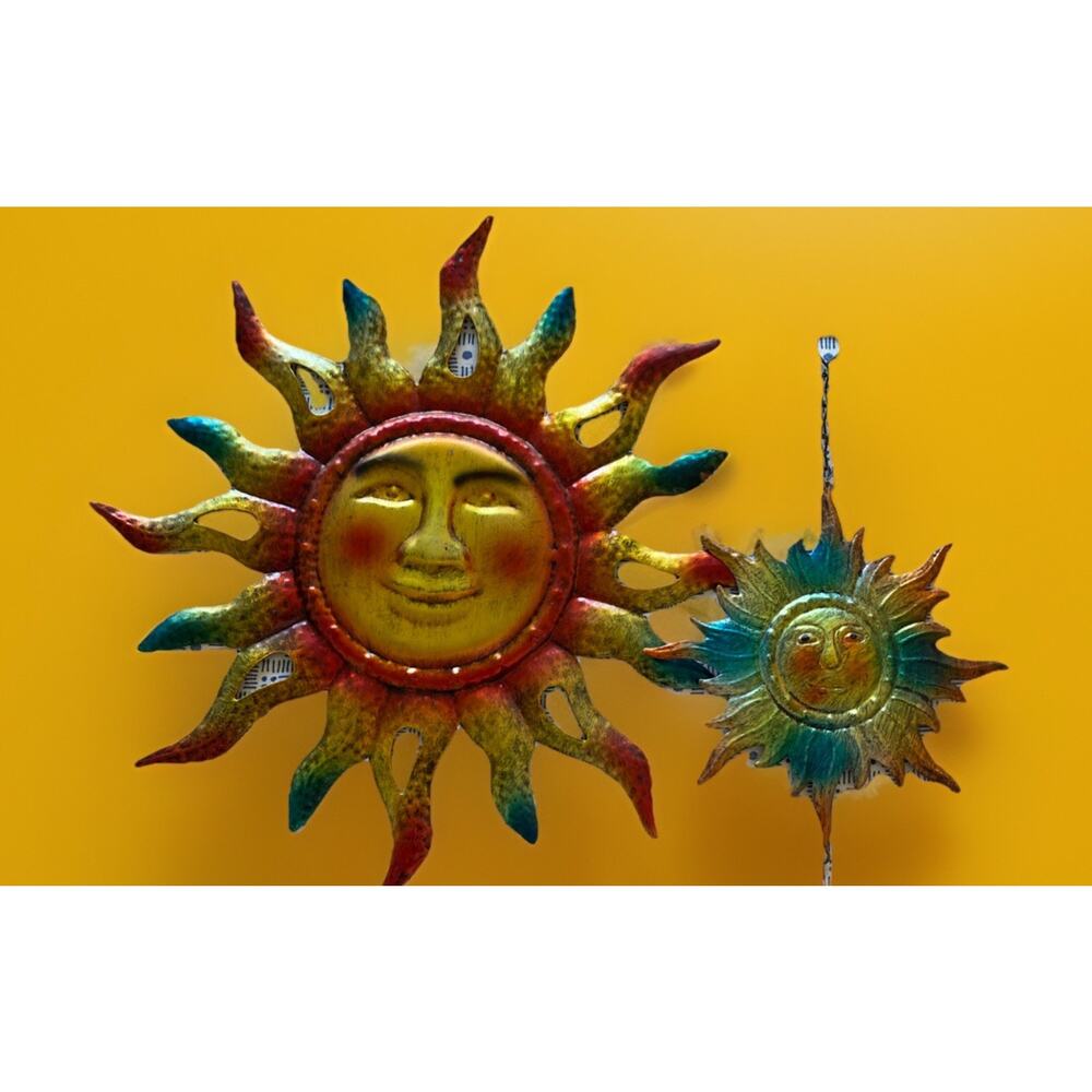 Iridescent Metal Sun Wall Art, Hand-Painted 14.25”D + Hanging Wind Chime 13" T